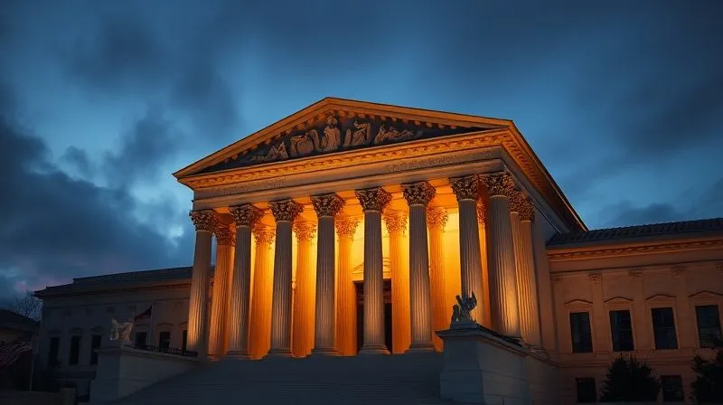 A photorealistic image of a federal courthouse exterior at dusk, with strong, dramatic uplighting illuminating its columns. A sense of gravitas and justice is conveyed. 8K, cinematic lighting, sharp focus, depth of field, shot on a high-end DSLR, professional photography.