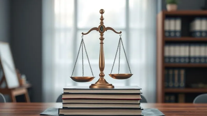A photorealistic image of a legal scale perfectly balanced on a stack of law books, with a blurred background of a modern law office. The lighting is crisp and professional, emphasizing fairness and justice. 8K, cinematic lighting, sharp focus, depth of field, shot on a high-end DSLR, professional photography.
