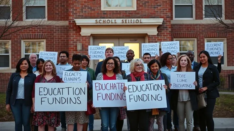 photorealistic, professional photography, 8K, cinematic lighting, sharp focus, depth of field, shot on a high-end DSLR. A diverse group of community members, including parents, teachers, and administrators, standing united in front of a school building, holding signs advocating for education funding. Their expressions are determined but hopeful, bathed in the warm glow of late afternoon sun, symbolizing collective action and support.