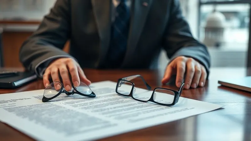 photorealistic, professional photography, 8K, cinematic lighting, sharp focus, depth of field, shot on a high-end DSLR. A legal document, perhaps a federal education statute, being carefully reviewed by a legal professional. The document is spread open on a polished wooden desk, with a pair of reading glasses resting on it. The background shows a subtle, blurred image of a courthouse or a stately government building, symbolizing the legal framework surrounding education funding. The lighting is focused and serious, reflecting the gravity of the task.
