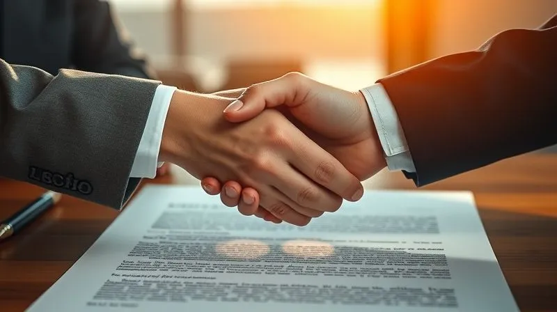photorealistic, professional photography, 8K, cinematic lighting, sharp focus, depth of field, shot on a high-end DSLR, a close-up of two hands shaking firmly over a legal document with a ship's manifest in the background, symbolizing a successful negotiation and agreement, warm, professional lighting.