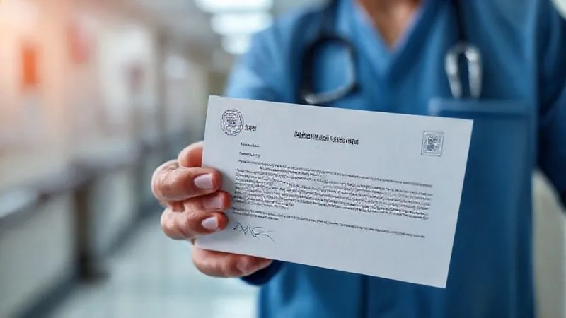 A photorealistic close-up of a patient's hand holding a formal letter requesting medical records, with a blurred hospital setting in the background. The letter is in sharp focus, showing official stamps and a signature. Professional photography, 8K, cinematic lighting, sharp focus, depth of field, shot on a high-end DSLR.