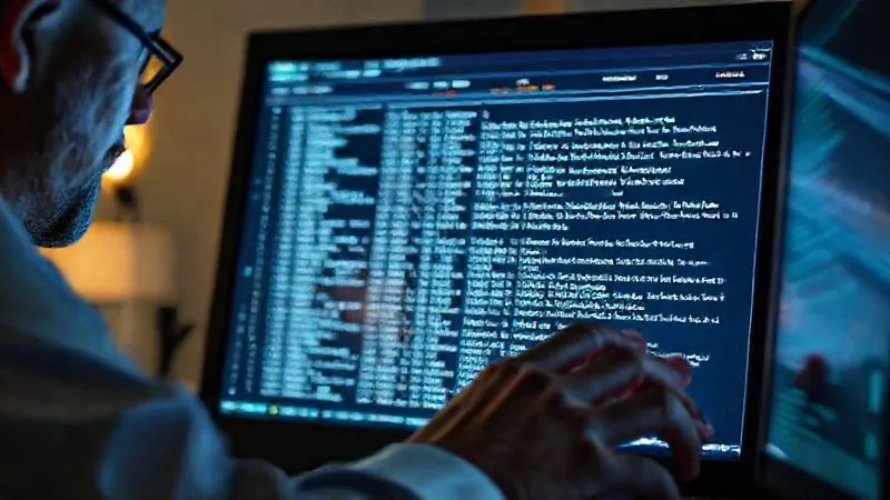 A photorealistic close-up of a digital forensic expert's hands working on a computer screen displaying complex data logs and audit trails from an Electronic Health Record system. The screen shows timestamps and user IDs, with a focused, analytical expression on the expert's face in the background. Professional photography, 8K, cinematic lighting, sharp focus, depth of field, shot on a high-end DSLR.