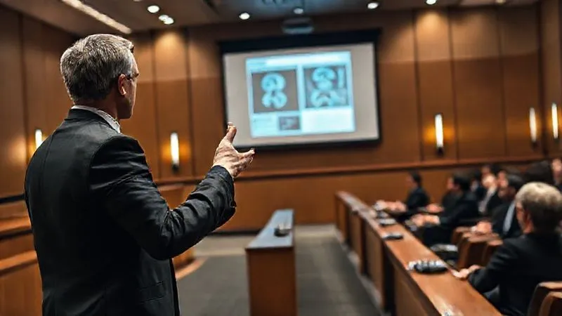 A photorealistic and dramatic image of a lawyer presenting evidence in a modern, well-lit courtroom. The lawyer is sharply dressed, gesturing towards a projection screen displaying medical documents, with the judge and jury in the background, their faces attentive. Professional photography, 8K, cinematic lighting, sharp focus on the lawyer, depth of field, shot on a high-end DSLR.