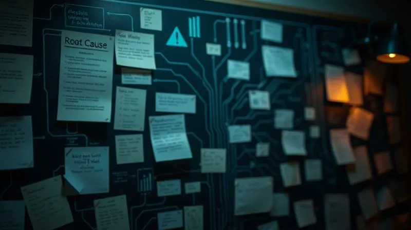 A photorealistic image of a detective's board with interconnected notes, strings, and highlighted documents, symbolizing root cause analysis, in a dimly lit, focused environment. Cinematic lighting, sharp focus on the intricate connections, depth of field blurring the background, 8K hyper-detailed, shot on a high-end DSLR.