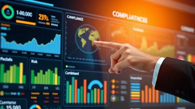 A photorealistic image of a sophisticated digital dashboard displaying various compliance metrics, risk indicators, and real-time alerts, with a professional hand reaching to interact with a touch screen. Cinematic lighting, sharp focus on the dashboard, depth of field blurring the background, 8K hyper-detailed, shot on a high-end DSLR.