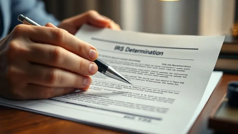 A close-up, photorealistic image of hands meticulously examining an official IRS determination letter, highlighted sections visible, with a pen poised above notes on a legal pad. Cinematic lighting, sharp focus on the documents, depth of field blurring a desk lamp in the background, 8K hyper-detailed.