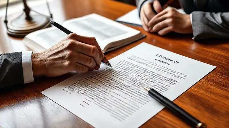 A photorealistic image of a legal brief or appeal document being meticulously reviewed and annotated on a polished wooden desk, with legal texts and a pen nearby. The lighting is focused and professional, highlighting the detailed text and thoughtful process. 8K, sharp focus, depth of field.