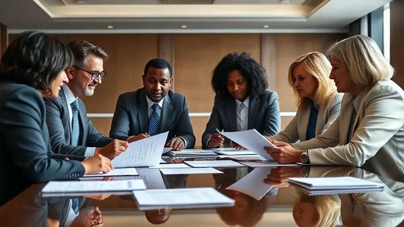 A photorealistic, professional photography, 8K, cinematic lighting, sharp focus, depth of field, shot on a high-end DSLR, depicting a diverse group of non-profit board members engaged in a serious discussion around a polished conference table, reviewing financial documents and policy binders. The atmosphere is collaborative and focused on governance and compliance.