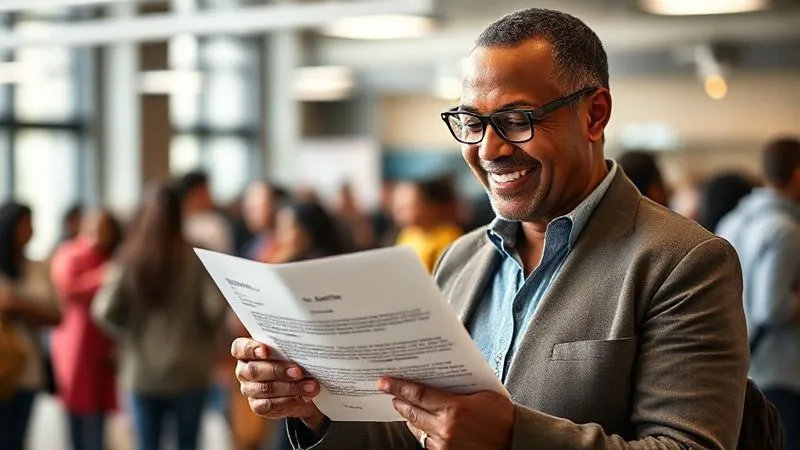 A photorealistic, professional photography, 8K, cinematic lighting, sharp focus, depth of field, shot on a high-end DSLR, depicting a non-profit leader smiling confidently while reviewing a positive IRS determination letter, with a bustling, diverse community outreach event visible in the blurred background, symbolizing renewed mission and success.