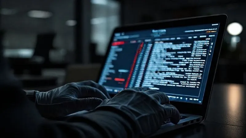 A photorealistic image of a pair of hands wearing forensic gloves, meticulously examining a laptop screen displaying a complex data log with highlighted unusual activities, in a dimly lit, professional office environment. The focus is sharp on the screen and hands, with a shallow depth of field, professional photography, 8K, cinematic lighting, sharp focus, depth of field, shot on a high-end DSLR.