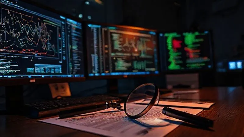 A photorealistic image of a detective's desk at night, illuminated by the glow of multiple monitors displaying complex data visualizations, network graphs, and lines of code. A magnifying glass rests on a printout, symbolizing detailed investigation. The atmosphere is tense and focused, with cinematic lighting, sharp focus on the screens, depth of field blurring the background, 8K hyper-detailed, professional photography, 8K, cinematic lighting, sharp focus, depth of field, shot on a high-end DSLR.