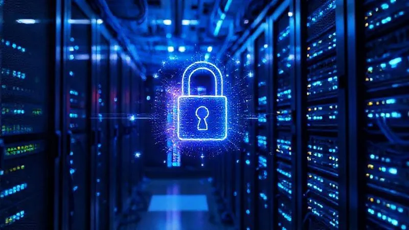 A photorealistic image of a secure, modern server room with glowing blue lights, intricate cable management, and multiple layers of digital security visualized as shimmering force fields around the data racks. A single digital lock icon hovers prominently, symbolizing robust IP protection. Professional photography, 8K, cinematic lighting, sharp focus, depth of field, shot on a high-end DSLR.