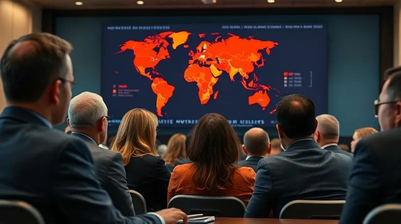A photorealistic image of a diverse group of international delegates in a modern conference room, looking intently at a digital display showing a world map with certain countries highlighted in red, symbolizing non-compliance or sanctions. Cinematic lighting, sharp focus on the delegates' expressions, depth of field blurring the background, 8K hyper-detailed, professional photography, shot on a high-end DSLR, conveying intense diplomatic pressure and decision-making.