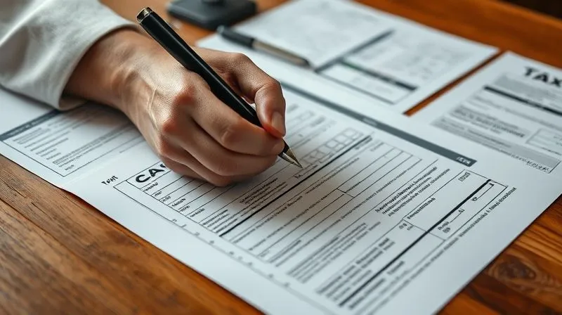 A photorealistic, professional photography, 8K, cinematic lighting, sharp focus, depth of field, shot on a high-end DSLR. A close-up of a hand meticulously filling out a complex tax form, with other forms and legal texts spread out on a polished wooden desk, evoking diligence and precision in legal compliance.