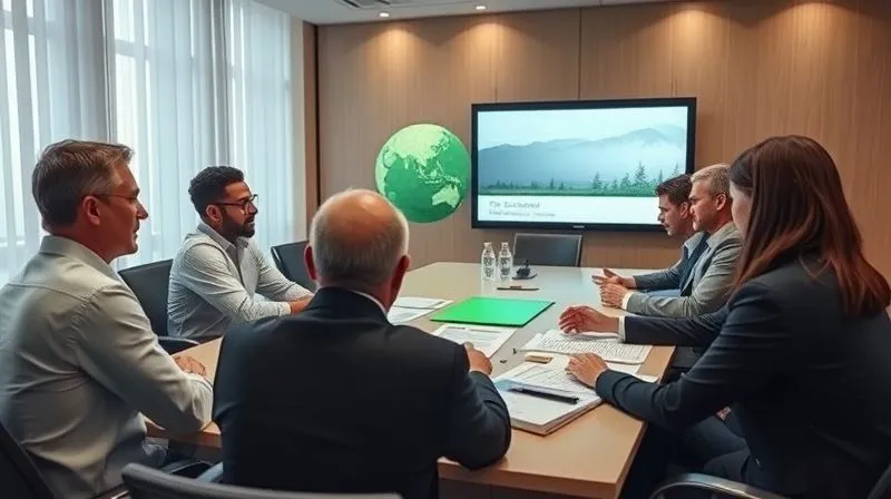 A photorealistic, professional photography, 8K, cinematic lighting, sharp focus, depth of field, shot on a high-end DSLR, depicting a diverse legal team collaborating around a large conference table, reviewing environmental documents and digital projections. They are engaged in animated discussion, with a sense of focused teamwork and problem-solving, reflecting resilience and expertise.