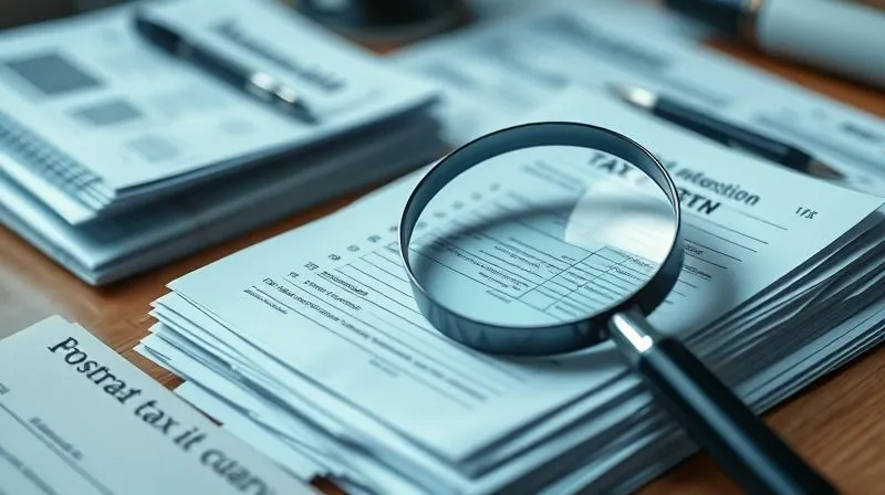 A photorealistic, professional photography, 8K, cinematic lighting, sharp focus, depth of field, shot on a high-end DSLR, of a stack of legal and financial documents—tax returns, bank statements, pay stubs—neatly organized on a desk, with a magnifying glass resting on one document, illuminated by a focused beam of light, symbolizing meticulous investigation.