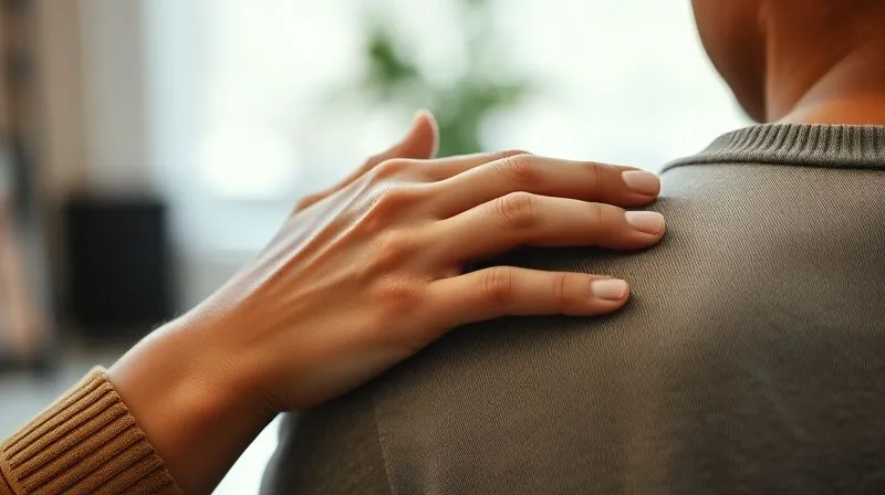 A photorealistic, professional photography, 8K, cinematic lighting, sharp focus, depth of field, shot on a high-end DSLR, of a comforting hand gently resting on another person's shoulder, with a blurry background suggesting a supportive conversation or a quiet moment of reflection, conveying empathy, support, and emotional relief.