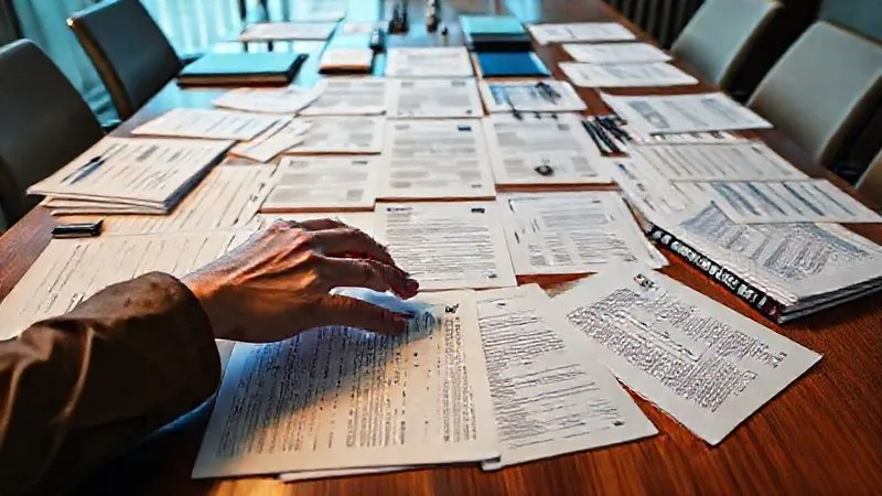 photorealistic, professional photography, 8K, cinematic lighting, sharp focus, depth of field, shot on a high-end DSLR, a collection of neatly organized documents, awards, and publications spread out on a large conference table, with a person's hands meticulously arranging them, symbolizing a comprehensive and strengthened new O-1 visa application, with a sense of hopeful determination.