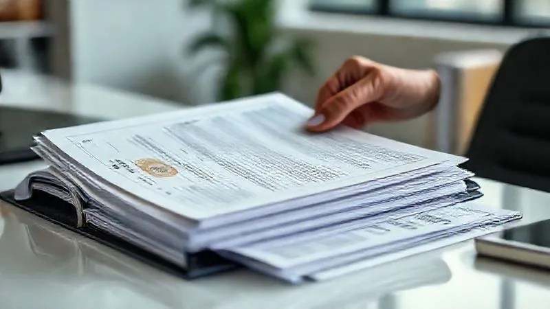 photorealistic, professional photography, 8K, cinematic lighting, sharp focus, depth of field, shot on a high-end DSLR, a hand meticulously organizing a binder filled with awards, certificates, media clippings, and professional letters, on a clean desk with a blurred background of a modern office, symbolizing diligent record-keeping and career progression for immigration purposes.