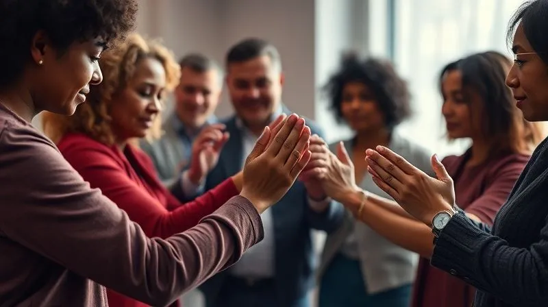 A photorealistic, professional photography, 8K, cinematic lighting, sharp focus, depth of field, shot on a high-end DSLR. Image of a diverse group of people in a support group setting, hands clasped or gently touching, conveying empathy and shared experience. The lighting is soft and warm, highlighting connection and hope, with a subtle, blurred background of intertwined hands.