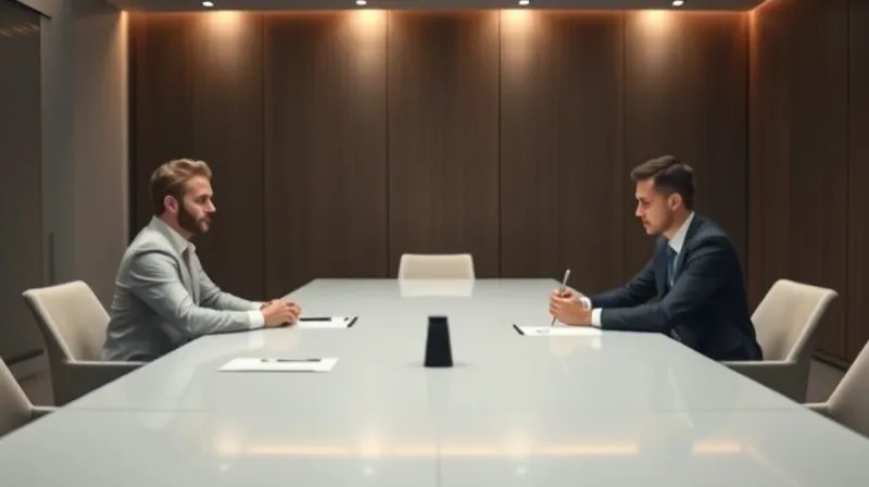 Photorealistic, professional photography, 8K, cinematic lighting, sharp focus, depth of field, shot on a high-end DSLR. A modern, minimalist mediation room with two individuals (blurred faces, representing parties) seated at a large table opposite a mediator. The atmosphere is serious and focused, with legal pads and pens on the table. Soft, professional lighting highlights the central table.