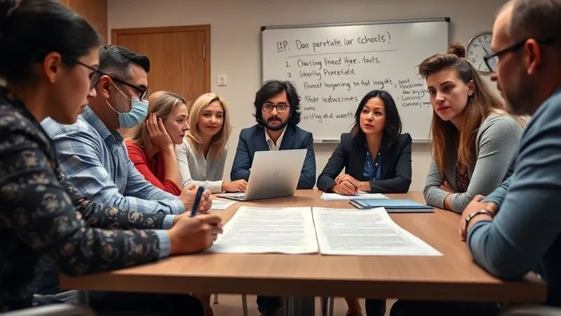 Photorealistic, professional photography, 8K, cinematic lighting, sharp focus, depth of field, shot on a high-end DSLR. A diverse group of educators and school administrators in a meeting room, intensely reviewing a complex legal document on a table, with concerned expressions, symbolizing their dedication to understanding parental feedback and refining an IEP. A whiteboard in the background shows bullet points of questions and concerns. The atmosphere is collaborative and problem-solving focused.