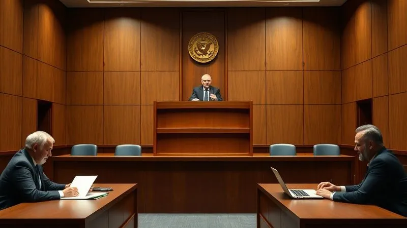 Photorealistic, professional photography, 8K, cinematic lighting, sharp focus, depth of field, shot on a high-end DSLR. A formal hearing room with a serious-looking hearing officer seated at a raised dais. Below, two legal teams are seated at separate tables, presenting arguments with documents and laptops. The lighting is strong and focused on the center, emphasizing the gravity of the legal process. No identifiable faces, focusing on the professional and formal setup.