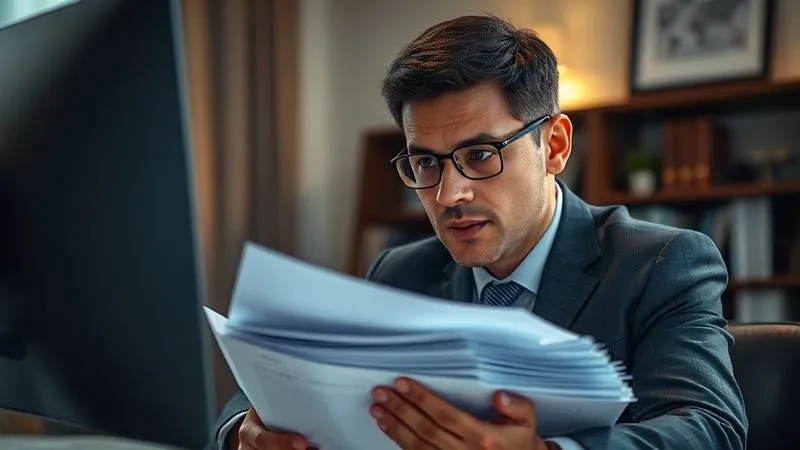Photorealistic, professional photography, 8K, cinematic lighting, sharp focus, depth of field, shot on a high-end DSLR. A professional legal expert, perhaps an education law attorney, in a well-appointed office, reviewing a stack of legal documents with a thoughtful expression. A subtle glow from a monitor illuminates their face, suggesting deep analysis and expertise. The scene conveys serious consultation and strategic planning. The focus is on the individual's expertise and the legal nature of the documents.