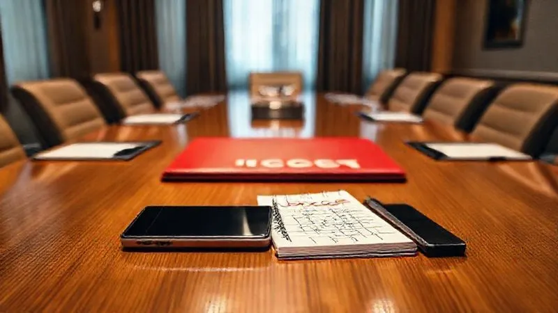 photorealistic, professional photography, 8K, cinematic lighting, sharp focus, depth of field, shot on a high-end DSLR, a high-stakes meeting room table with a red 'URGENT' folder, a legal pad with scribbled notes, and a smartphone, conveying immediate action and strategy.