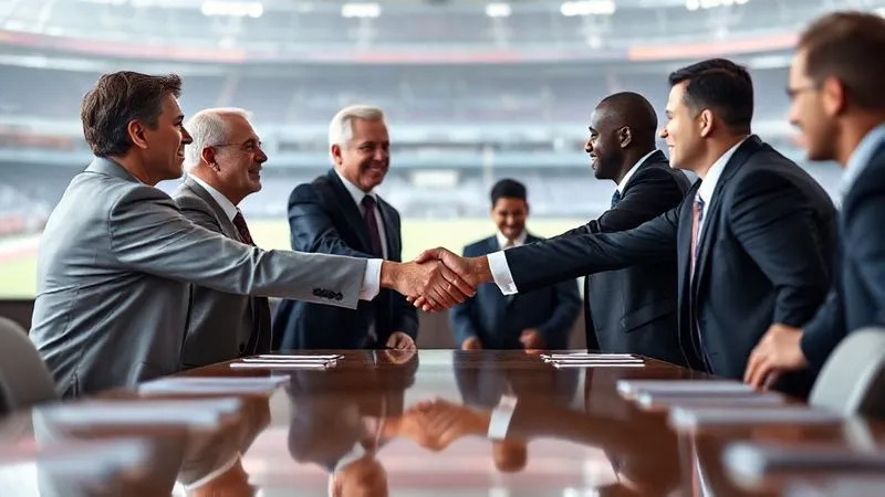 photorealistic, professional photography, 8K, cinematic lighting, sharp focus, depth of field, shot on a high-end DSLR, a diverse group of sports executives and player union representatives shaking hands across a polished conference table, a sense of mutual respect and resolution, with a subtle backdrop of a stadium.
