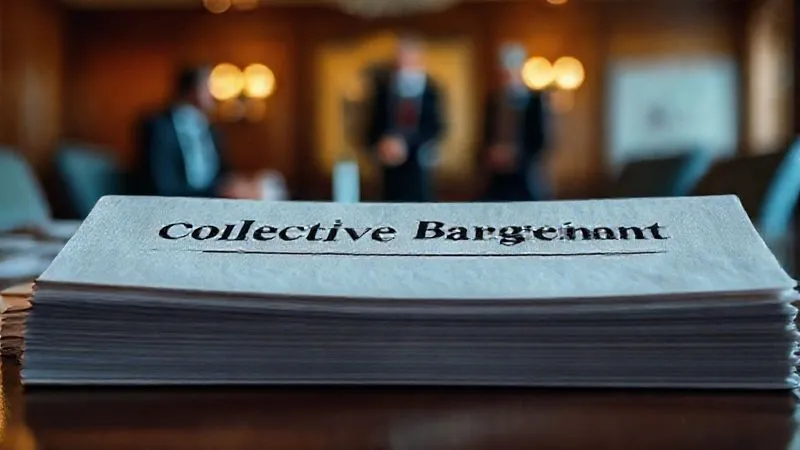 photorealistic, professional photography, 8K, cinematic lighting, sharp focus, depth of field, shot on a high-end DSLR, a close-up of a thick, legal-bound document titled 'Collective Bargaining Agreement', with blurred figures of negotiators in the background, emphasizing the weight and complexity of the document.