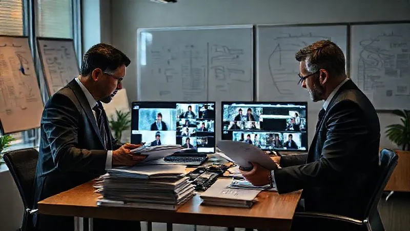 A photorealistic, professional photography, 8K, cinematic lighting, sharp focus, depth of field, shot on a high-end DSLR, depicting a diverse legal team (attorney, paralegal, investigator) in a modern office, intensely reviewing stacks of documents, laptop screens displaying interrogation footage, and whiteboards with timelines. The atmosphere is focused and determined, with subtle shadows and warm light.