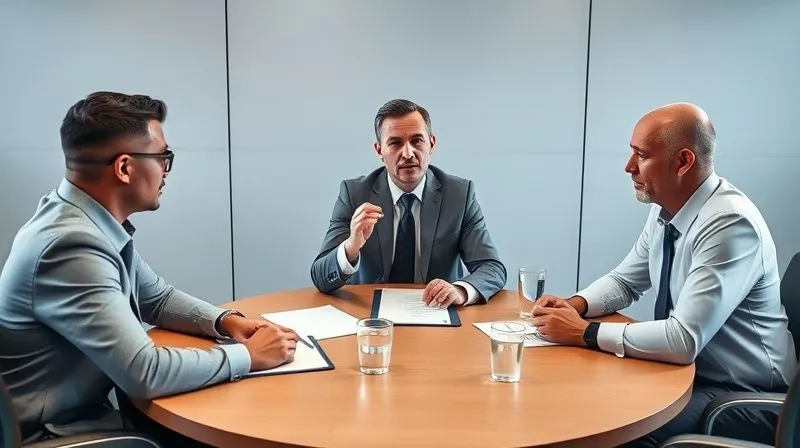 A photorealistic image of three people around a round table in a modern, well-lit conference room. One person, a neutral-looking professional, sits at the head, gently gesturing while looking at two other individuals on opposite sides of the table, who appear to be listening intently. Legal documents and water glasses are on the table. The atmosphere is calm but focused. Cinematic lighting, sharp focus on the faces, depth of field, 8K, professional photography, shot on a high-end DSLR, conveying facilitated discussion and potential resolution.