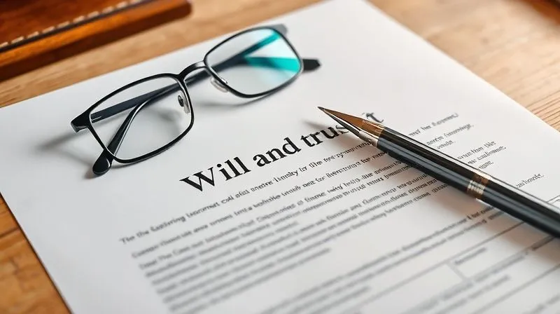 A photorealistic image of a neatly organized desk with a set of legal documents, including a will and trust, clearly laid out. A pair of reading glasses rests on top, and a pen is positioned as if just used. The scene conveys clarity, forethought, and meticulous planning. Soft, warm lighting, sharp focus on the documents, depth of field, 8K, professional photography, shot on a high-end DSLR, symbolizing proactive estate planning.