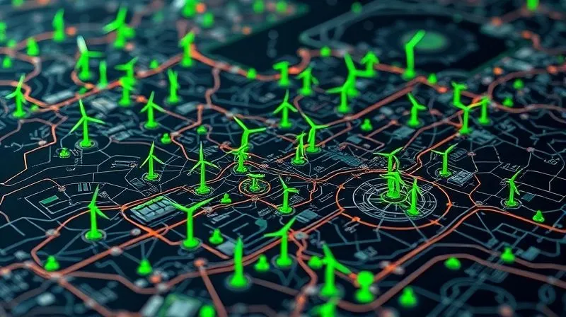 A photorealistic, detailed rendering of a complex electrical grid map overlaid with green energy symbols (wind turbines, solar panels), showing areas of congestion and potential expansion. Professional photography, 8K, cinematic lighting, sharp focus, depth of field, shot on a high-end DSLR.