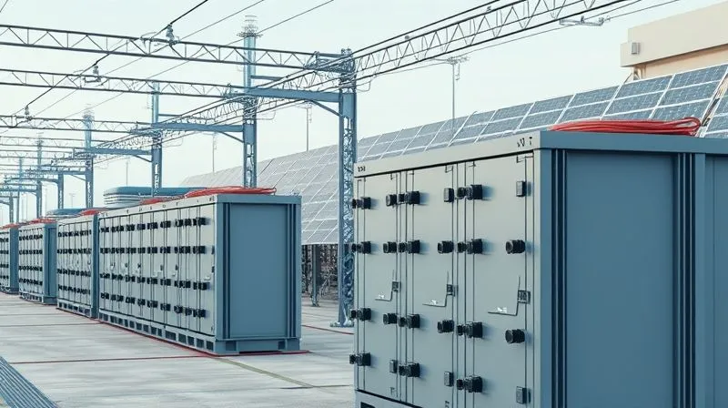 A photorealistic rendering of a modern energy storage facility (large-scale batteries) connected to a grid substation, with renewable energy sources (solar panels) in the background. Professional photography, 8K, cinematic lighting, sharp focus on the battery racks, depth of field, shot on a high-end DSLR.