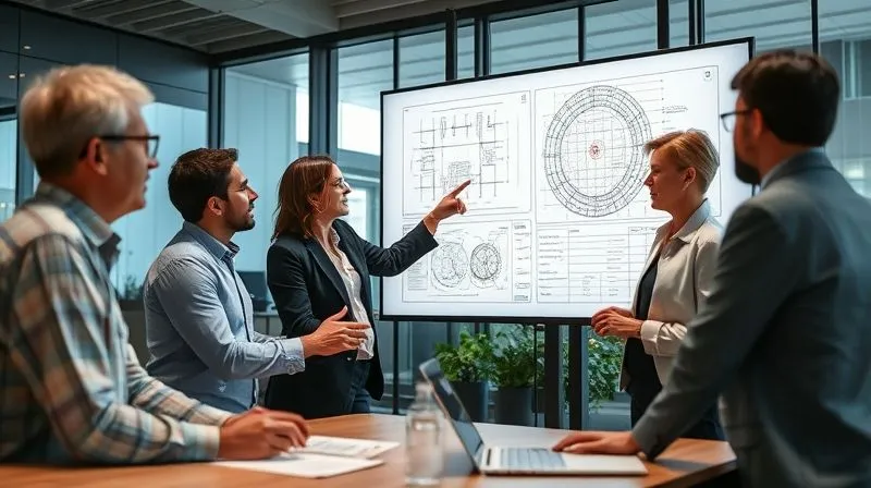 A photorealistic image of a diverse team of professionals (engineers, lawyers, project managers) in a modern office, collaborating around a large screen displaying grid schematics and legal documents. They are actively discussing and pointing, symbolizing effective partnership. Professional photography, 8K, cinematic lighting, sharp focus, depth of field, shot on a high-end DSLR.