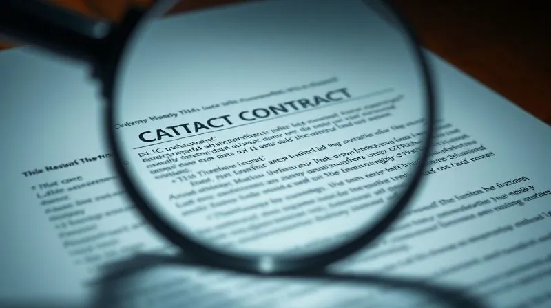 photorealistic, professional photography, 8K, cinematic lighting, sharp focus, depth of field, shot on a high-end DSLR. A magnifying glass hovering over complex legal text within a contract document, highlighting specific clauses. The lighting is focused and dramatic, emphasizing the intricate details of the agreement, conveying scrutiny and careful examination.
