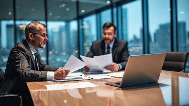 Photorealistic, professional photography, 8K, cinematic lighting, sharp focus on a landlord and their attorney reviewing documents at a conference table, a laptop displaying legal research, a sense of strategic planning and determination, depth of field blurring a cityscape outside, shot on a high-end DSLR.