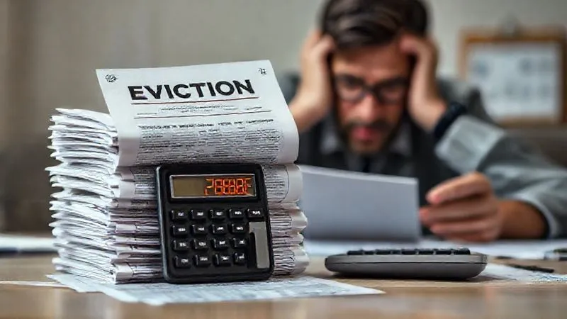 Photorealistic, professional photography, 8K, cinematic lighting, sharp focus on a stack of eviction notices and a calculator showing negative numbers, with a blurred background of a worried landlord looking at a calendar, conveying financial stress and urgency, shot on a high-end DSLR.