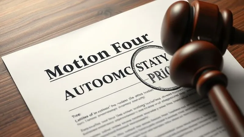 A photorealistic image of a legal document titled 'Motion for Relief from Automatic Stay' being stamped with a 'Priority' seal, depicted with professional photography, 8K, cinematic lighting, sharp focus, depth of field, shot on a high-end DSLR, conveying urgency and legal process.