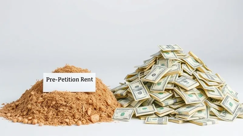 A photorealistic image of two distinct piles of money, one smaller and dusty labeled 'Pre-Petition Rent' and one larger, clean pile labeled 'Post-Petition Rent', separated by a clear legal barrier. Professional photography, 8K, cinematic lighting, sharp focus, depth of field, shot on a high-end DSLR, symbolizing different legal priorities.