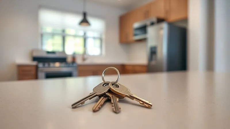 A photorealistic image of a set of keys being placed on a clean, empty countertop in a rental unit, signifying successful repossession after a complex legal battle. Professional photography, 8K, cinematic lighting, sharp focus on the keys, depth of field blurring the background, shot on a high-end DSLR, evoking relief and resolution.