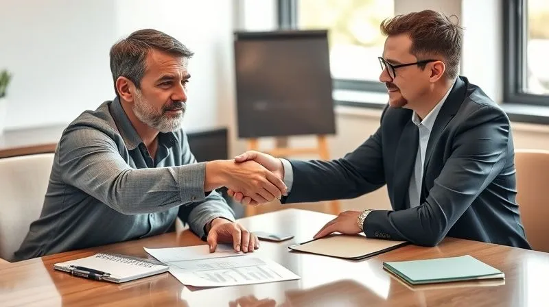 A photorealistic image of a business owner and a tax advisor shaking hands across a desk, with a resolved expression on the owner's face, symbolizing trust restored and a problem solved, professional setting, cinematic lighting, sharp focus, depth of field, 8K hyper-detailed.