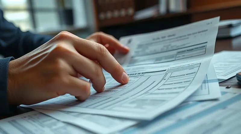 A photorealistic close-up of a tax attorney's hands carefully reviewing complex IRS documents and financial statements, with legal codes and tax forms subtly blurred in the background, professional office setting, cinematic lighting, sharp focus on the documents, depth of field, 8K hyper-detailed.