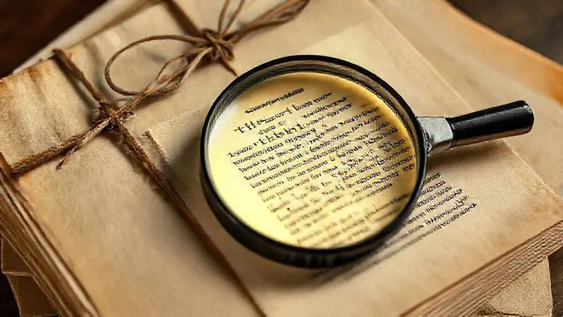 A photorealistic, professional photography, 8K, cinematic lighting, sharp focus, depth of field, shot on a high-end DSLR, of an old, dusty stack of legal documents tied with string, with a magnifying glass resting on a highlighted section of text, conveying the complexity and detail of title research.