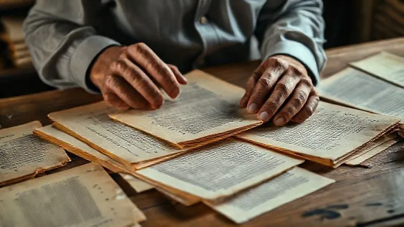 A photorealistic, professional photography, 8K, cinematic lighting, sharp focus, depth of field, shot on a high-end DSLR, of a person's hands meticulously sifting through old, yellowed paper documents and ledgers on a wooden desk, with a focused expression, conveying the challenge of historical research.
