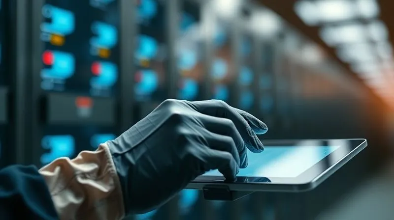 A photorealistic close-up of a hand wearing a forensic glove using a digital tablet to log data, with blurred server racks in the background. Cinematic lighting, sharp focus, 8K, professional photography, depth of field.