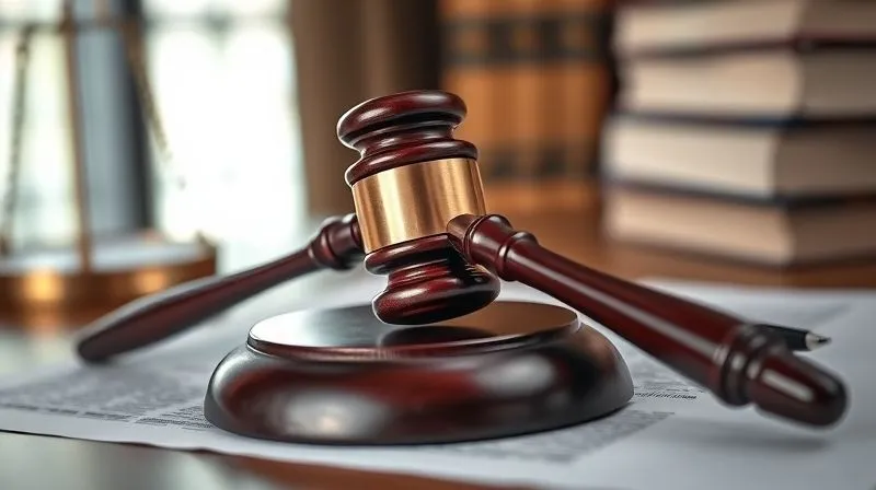 A photorealistic image of a classic wooden gavel resting on legal documents, with a blurred backdrop of a courtroom or a stack of law books. Cinematic lighting, sharp focus on the gavel, 8K, professional photography, depth of field.